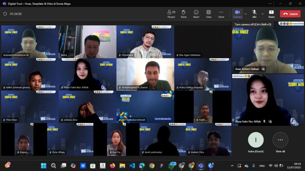 Webinar Nasional IndoCEISS Jawa Tengah X UIN SAIZU “Digital Trust, Hoax, Deepfake & Etika di Dunia Maya” Sukses Digelar, 83 Peserta Antusias Berpartisipasi